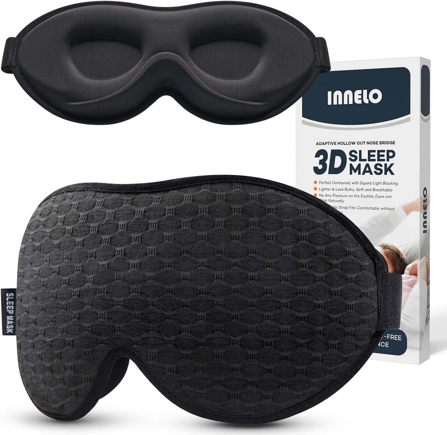 INNELO Schlafmaske Für Herren Frauen, Bequeme Atmungsaktive 3D Schlafbrille | 2024 Mit Tiefen Augenhöhlen Und Erhöhtem Nasenpolster, Augenmaske Mit 100 % Lichtblockierung, Memory Foam Für Reisen, Schwarz